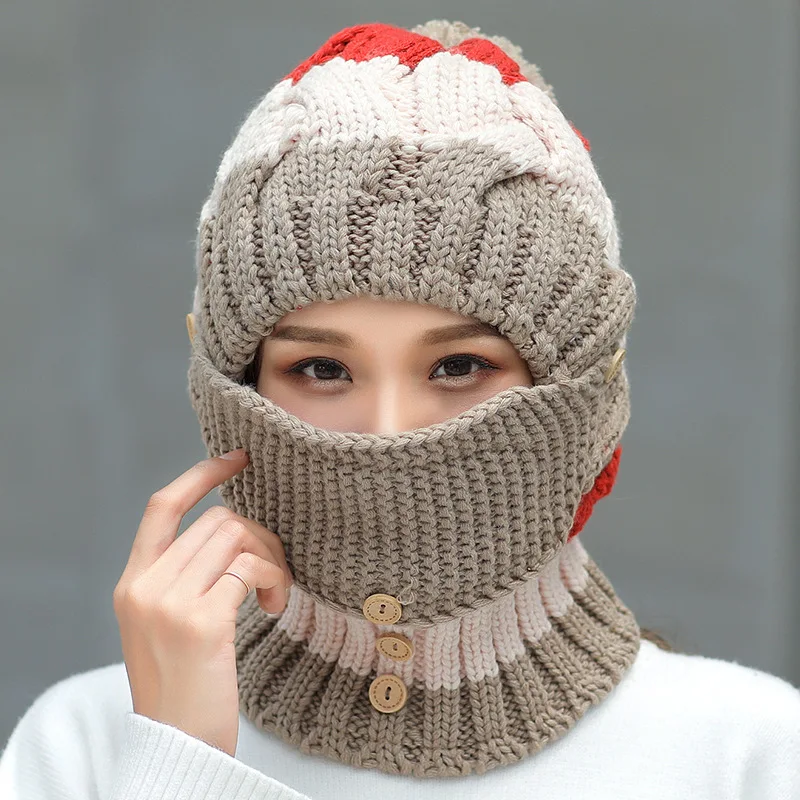 khaki Hat 3 шт./компл. Для женщин зимние Шапки шапки бини шапки толстый бархат нагрудник маска для ушей головные уборы Skullies Beanie шляпа для верховой езды женские теплые вязаные шерстяные Кепки - Цвет: khaki Hat