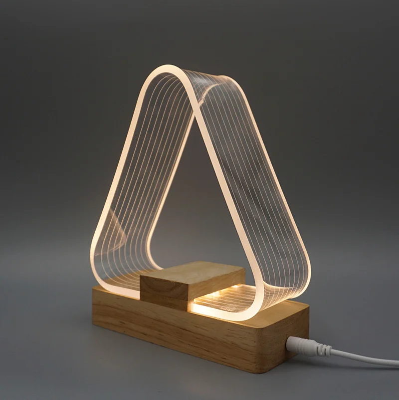 3D Nordic Style Desk Lamp USB Rechargeable Dimmable Warm White Geometric Modeling Acrylic LED Night Light Wood Base