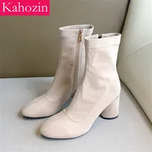 Эластичные кашемировые ботильоны; сезон осень-зима; женские полусапожки; повседневная женская обувь на квадратном каблуке на молнии; Абрикосовый Цвет; большие размеры 43