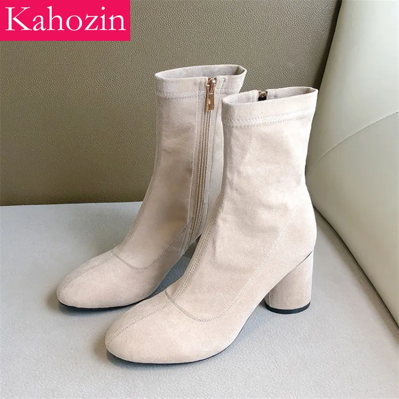 

Elastic Cashmere Vamp Ankle boots Autumn Winter Women Short Boots Casual Square Heel Zipper Apricot Lady Nice ShoesLarge Size43