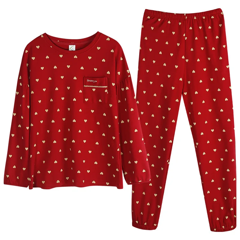 

Pajamas Women's Spring and Autumn Cotton Long-Sleeved Large Size Red Wedding Autumn and Winter Lovely Suit Cotton Pajamas