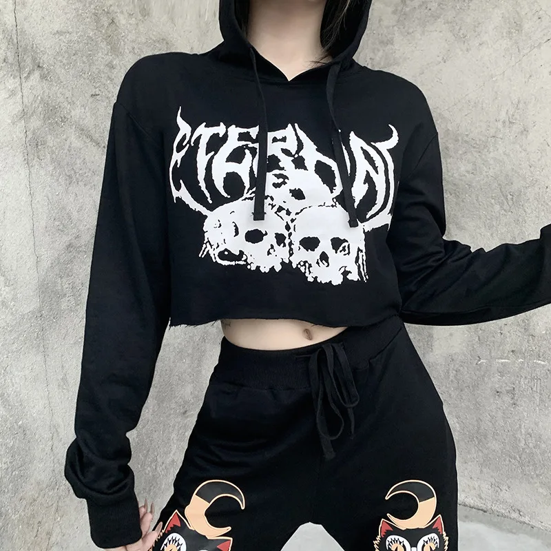 

Black Goth 2021 new Hoodie Harajuku Demon Print Gothic Hoodies Women Pullovers Streetwear Punk Long Sleeve Cropped Hooded