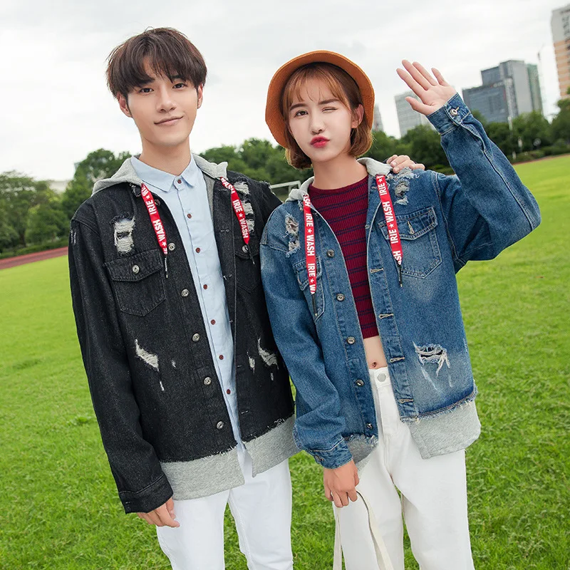 

2019 Denim Jacket Hooded Joint with Holes Fashion And Personality University Style Couples Cowboy Shirt