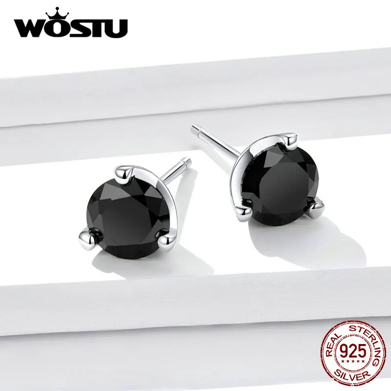 WOSTU, натуральная 925 пробы, серебряные, черные, циркониевые круглые серьги-гвоздики для женщин, винтажные маленькие серьги, модное ювелирное изделие, FIE735