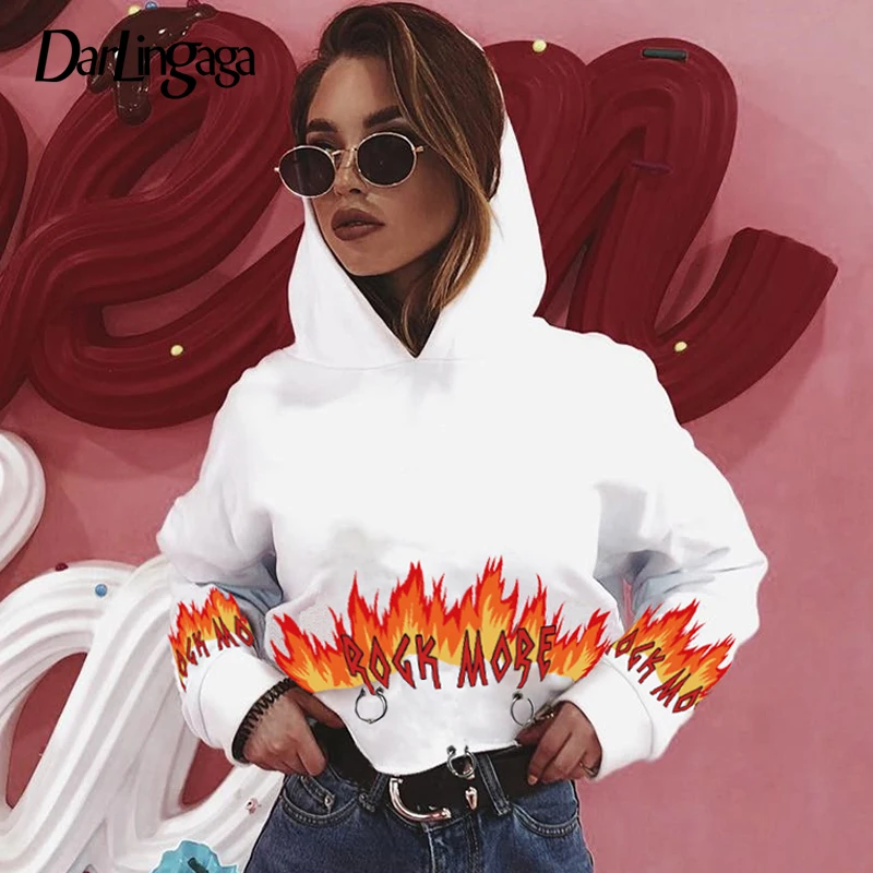  Darlingaga Streetwear Flame Print Cropped Hoodie Fire Fashion Autumn Winter Pullover Sweatshirt Hip