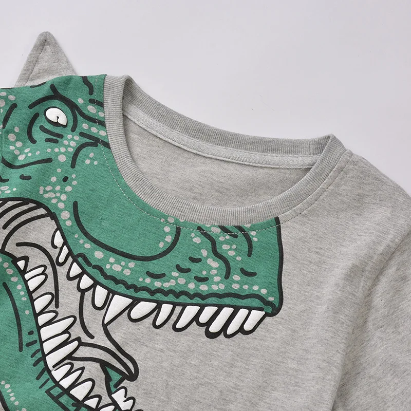 Летняя новая стильная детская Модная хлопковая футболка с короткими рукавами и вырезом лодочкой с принтом динозавра