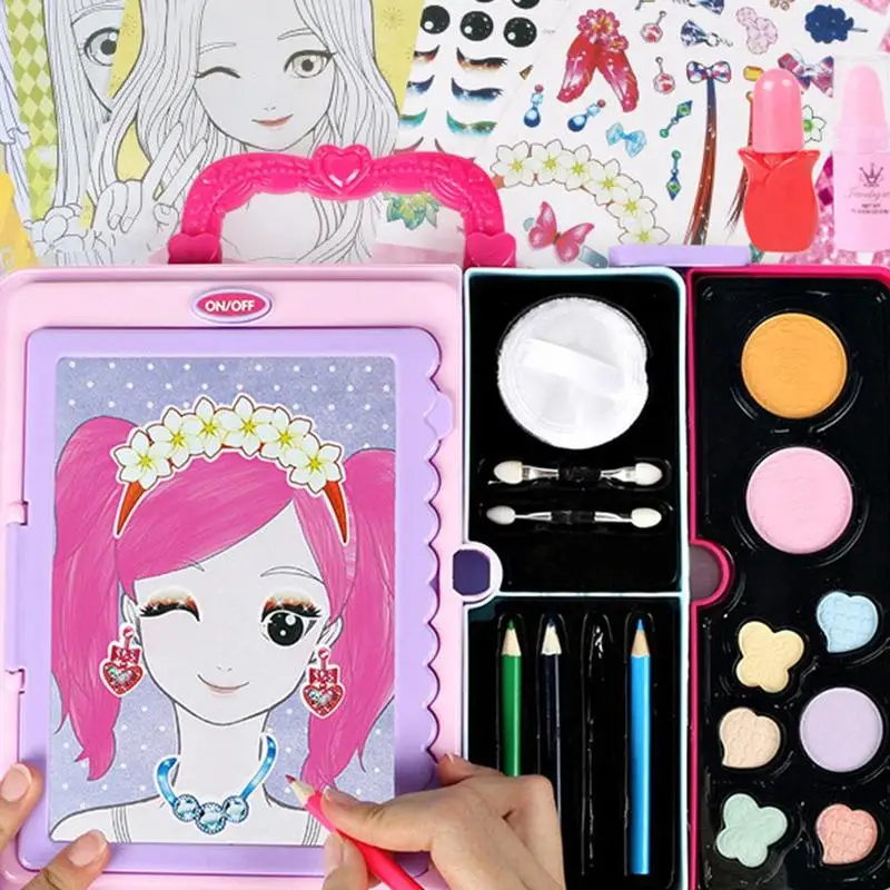 

Girls Lighting Painting Board Makeup Box Toy Multi-function Portable Safety Beauty Pretend Play Children Gift Set Toys