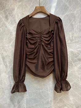 

2020 Early Autumn New Women's Irregular Neckline Wrinkle Knot Horn Long Sleeve Solid Color Shirt 813