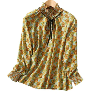 

Women Shirt Elastic Lace Stand Collar Double Crepe Silk Shirt Women's Long Sleeve Floral Silk Top