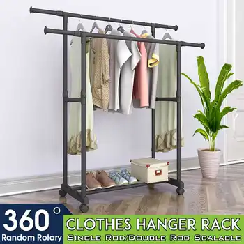 

Single/Double Rod Telescopic Lifting Mobile Clothes Rail Clothes Rack Hanger Reinforced Adjustable Coat Rack Floor Drying Rack
