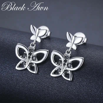 

SODROV Romantic 2.6g 925 Sterling Silver Jewelry Natural Butterfly Black Spinel Party Stud Earrings for Women Bijoux I117