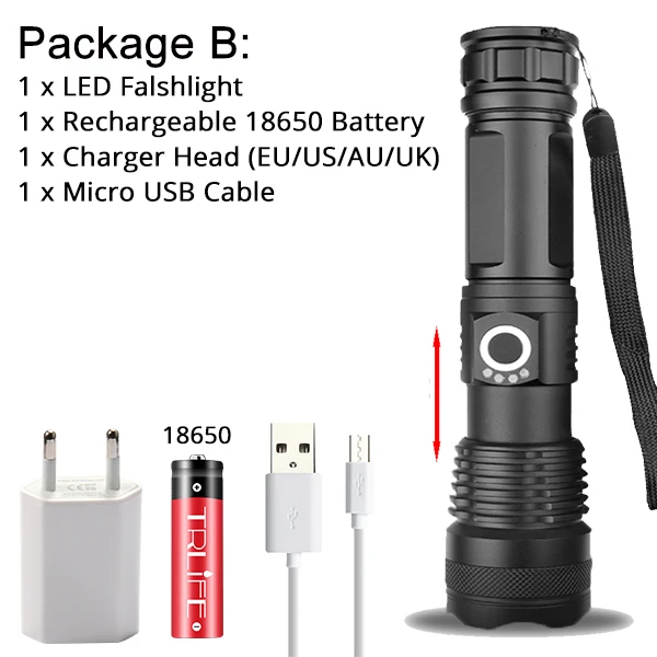 With 18650 Battery XHP70.2 мощный светодиодный фонарик XHP50 с подзарядкой от USB, водонепроницаемый фонарь 18650 26650 для охоты, лампа для самозащиты - Испускаемый цвет: With 18650 Battery