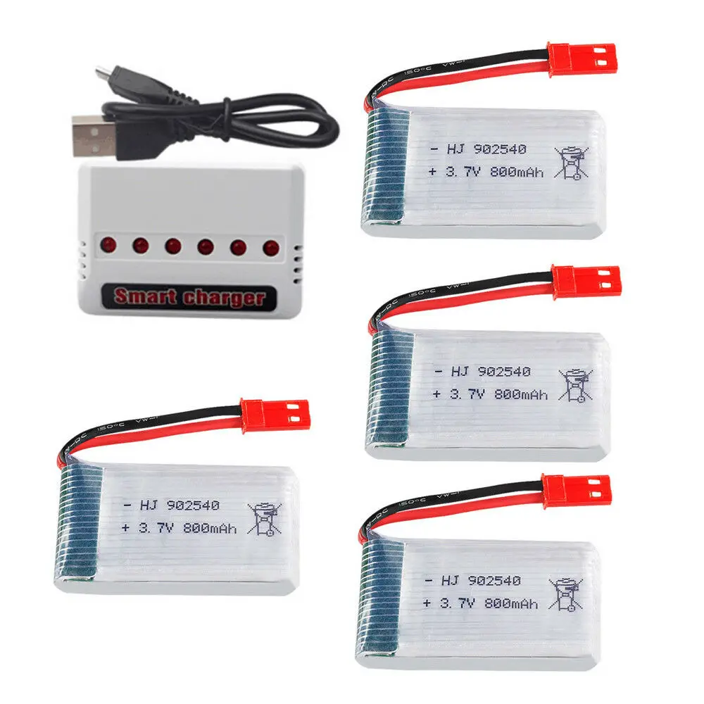 

4Pcs 902540 3.7V 800mAh 20C LiPo High Rate Battery +USB Charger Drone JST Plug For Helicopter Quadcopter toys