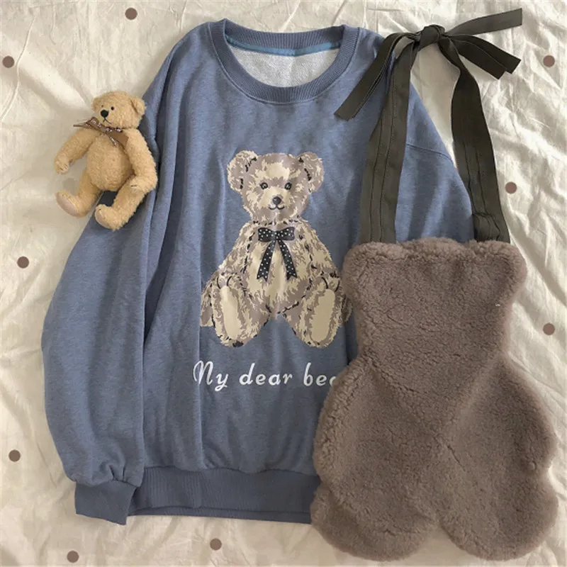 Синий Принт Детский комбинезон с принтом «Медведь» и цветочным узором; спортивные костюмы для девочек японский осеннее платье в стиле Лолиты с рисунком в стиле ретро кофты для девочек Harajuku синий Kawaii для девочек Толстовка для девочек - Цвет: Синий