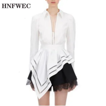 

Solid White Early Autumn ChiffonLapel Self-cultivation Irregular White Shirt Waist V Lead Long Sleeve Shirt L604