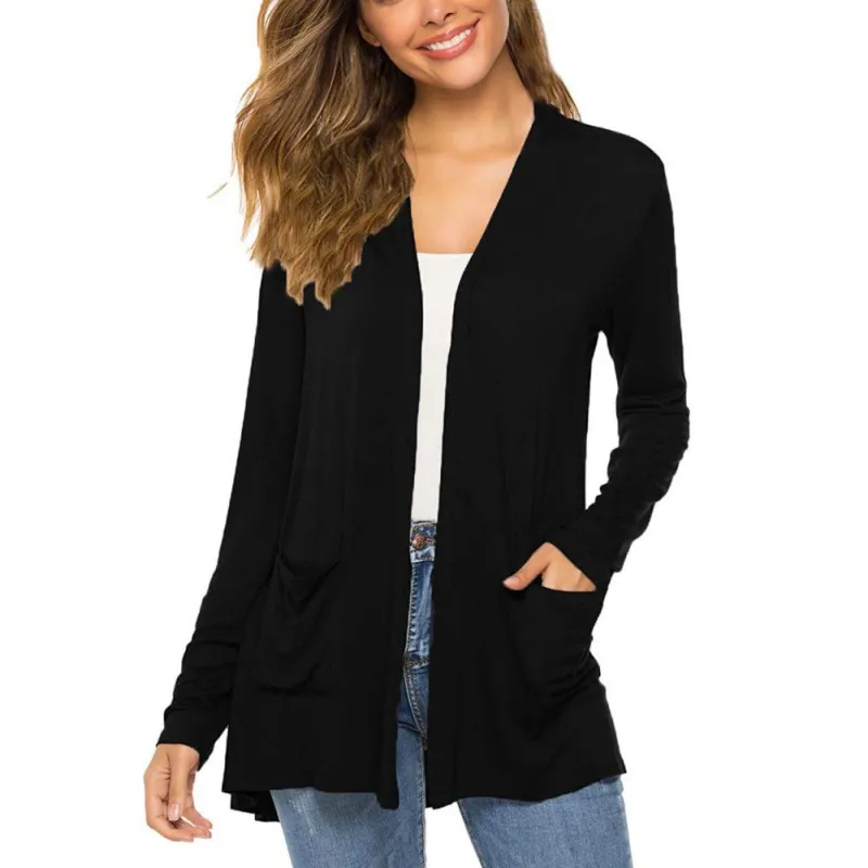 

Women's Coat Female Spring Autumn Casual Solid Color Long Sleeve V-Neck Open Stiching Sweater Mid-Length Coat