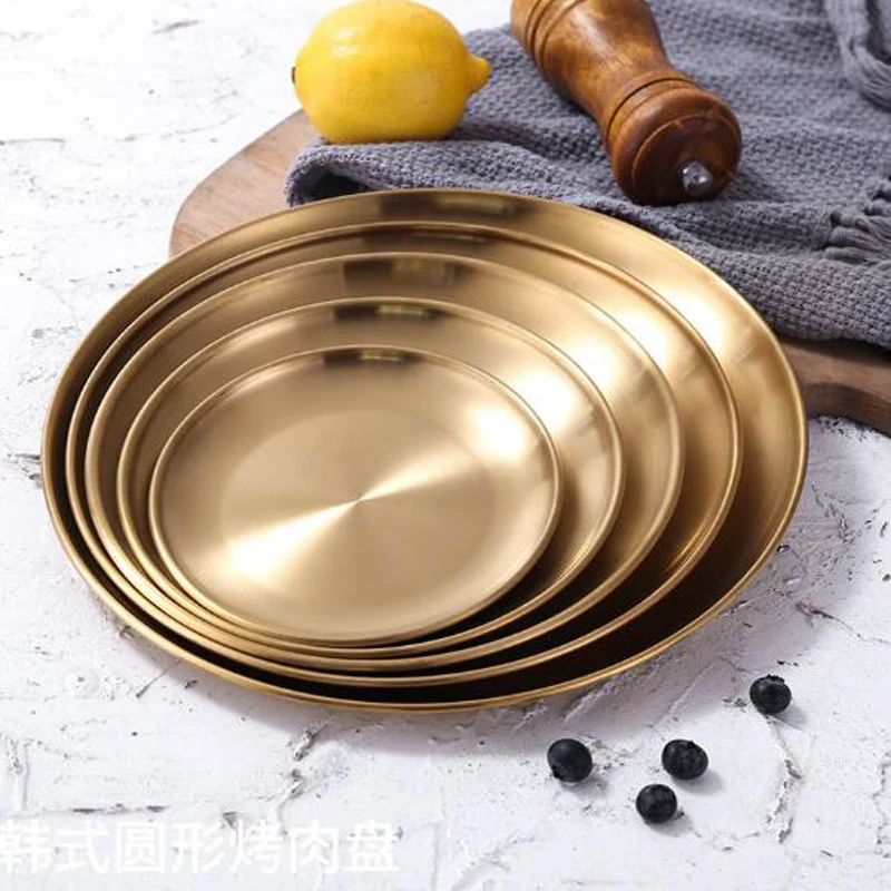 

Eco-Friendly 304 Stainless Steel Dinner Plates Salad Round Plate Cake Tray Western Steak Round Tray Gold Dessert Dishes