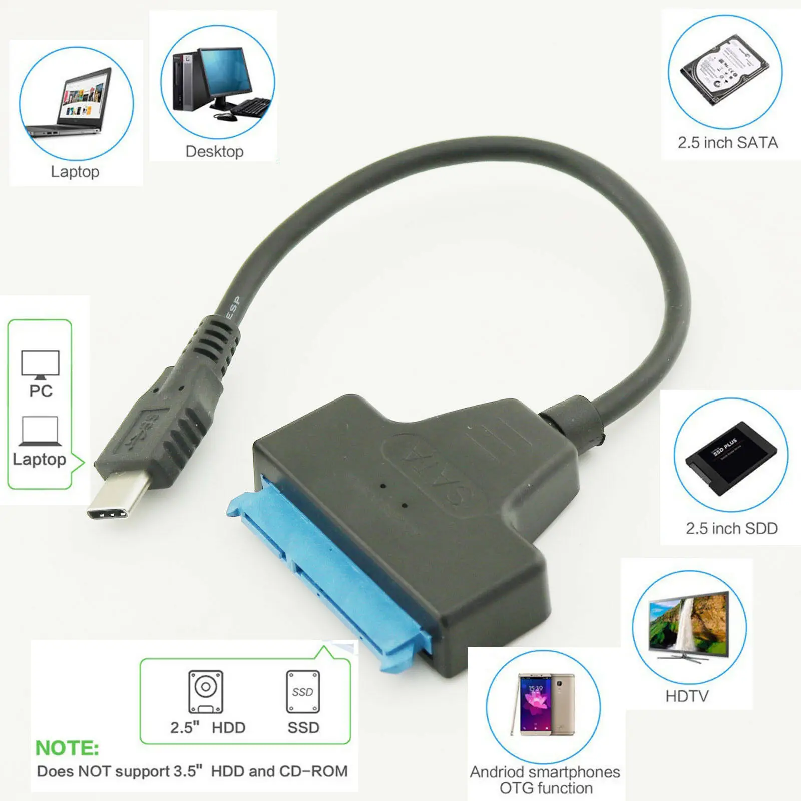 

1pcs USB 3.1 Type-C Male To SATA 22 Pin Adapter Cable 2.5" External Hard Disk Drive