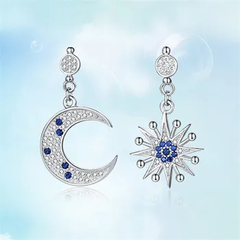 

Free Shipping Japan and Korea S925 Sterling Silver Stars with Moon Asymmetrical Drop Earrings Jewelry