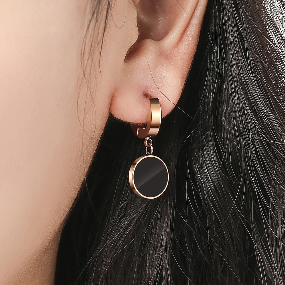 WYBU Titanium Steel Black Round Pendant Drop Earring For Women Rose Gold Plated Hoop Dangle Earring Earing Jewellery For Ear