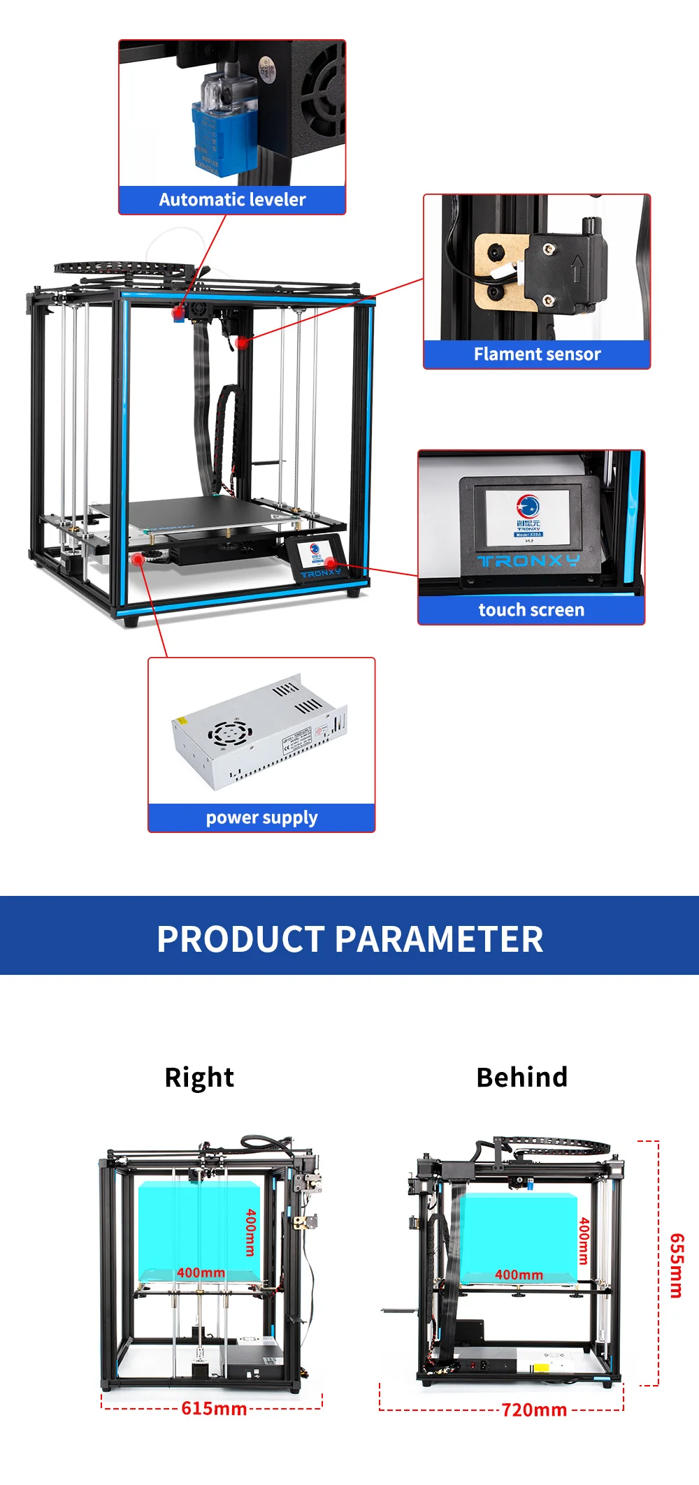 Tronxy X5SA PRO/X5SA-400/X5SA 3D Printer DIY Kits Touch Screen Auto Level Large Print Size heat bed 3d machine Filament Sensor resin printer