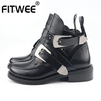 

FITWEE Ladies Pu Leather Winter Ankle Boots Buckle Round Toe Sexy Fashion Motorcycle Boots Daily Punk Shoes Woman Size 33-41