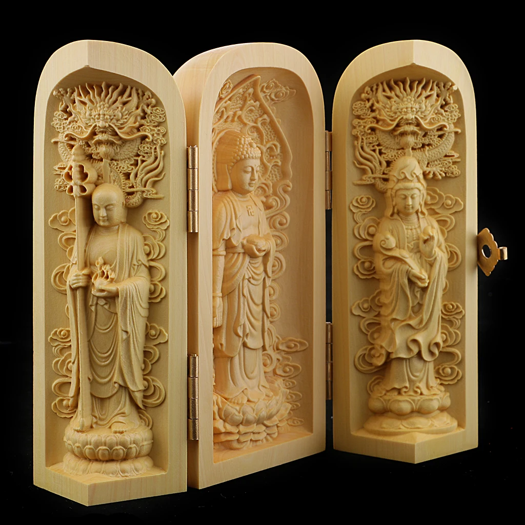 Boxwood Buddha Statue 3 Carved Guanyin Status Wooden for Temple