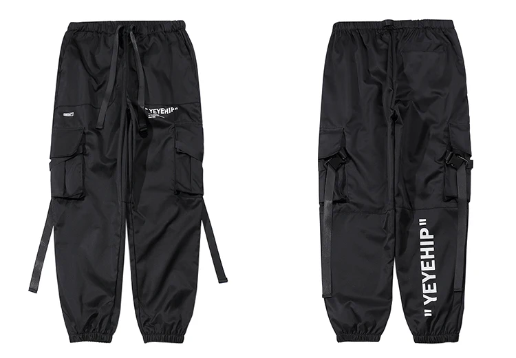 Мужские уличные черные брюки-карго в стиле хип-хоп Харадзюку с карманами, шаровары, штаны для бега с лентами, спортивные штаны в стиле хип-хоп
