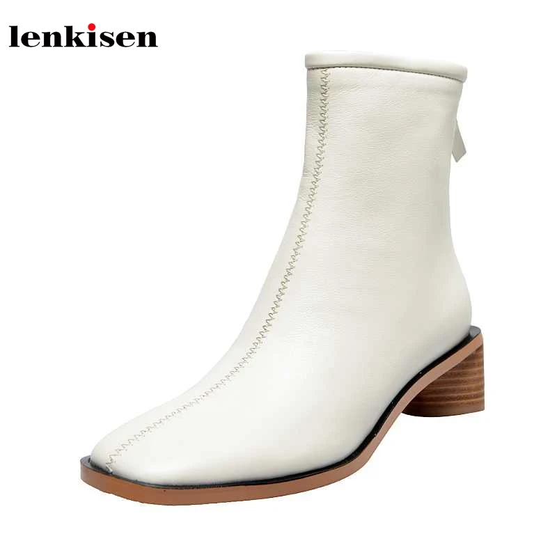 

Lenkisen brand European simple office lady genuine leather med heels square toe winter fashion keep warm women ankle boots L12