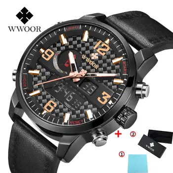 

Men's Watch Retro Design Leather Band Analog Electronic Digital Clock Quartz Dual display Watch WWOOR Male Sport Watches Hot+Box