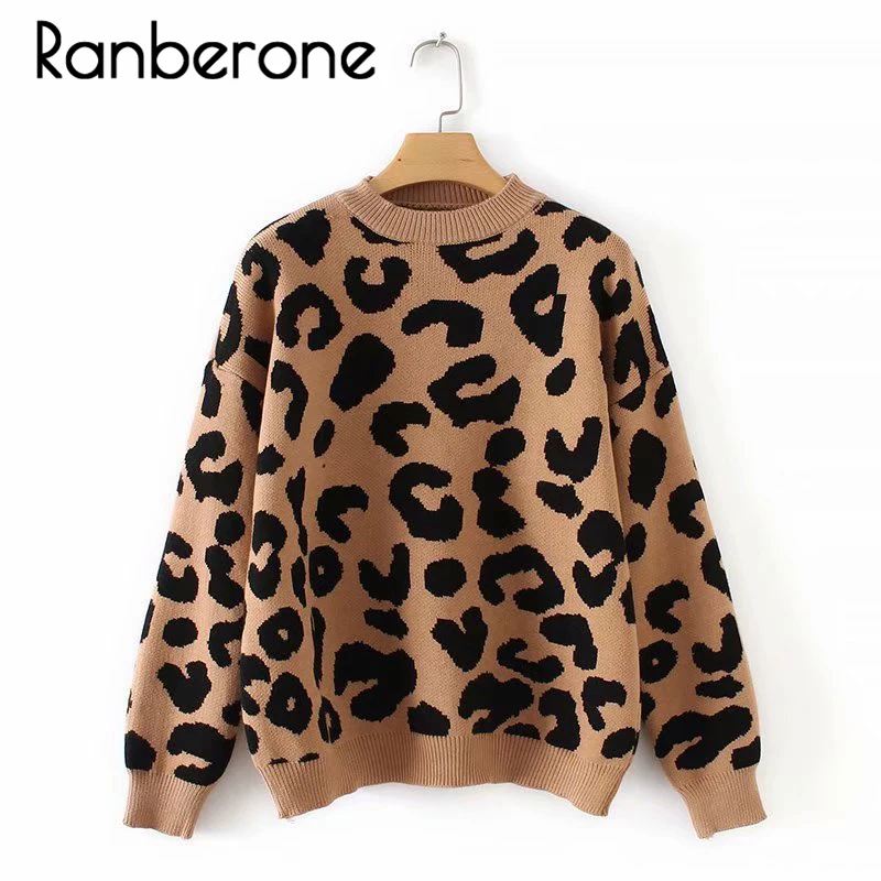 Ranberone Women Leopard Knitted Sweater Autumn Winter Animal Print Sweaters Thick Long Sleeve Female Pullovers Casual Tops Women Ranberone Women Leopard Knitted Sweater Autumn Winter Animal Print Sweaters Thick Long Sleeve Female Pullovers Casual Tops Women