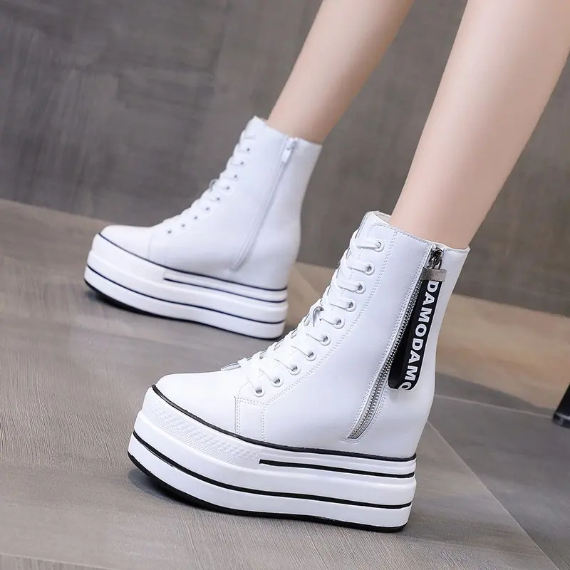 White Trendy Boots Women High Top Sneakers Platform Zip Ankle