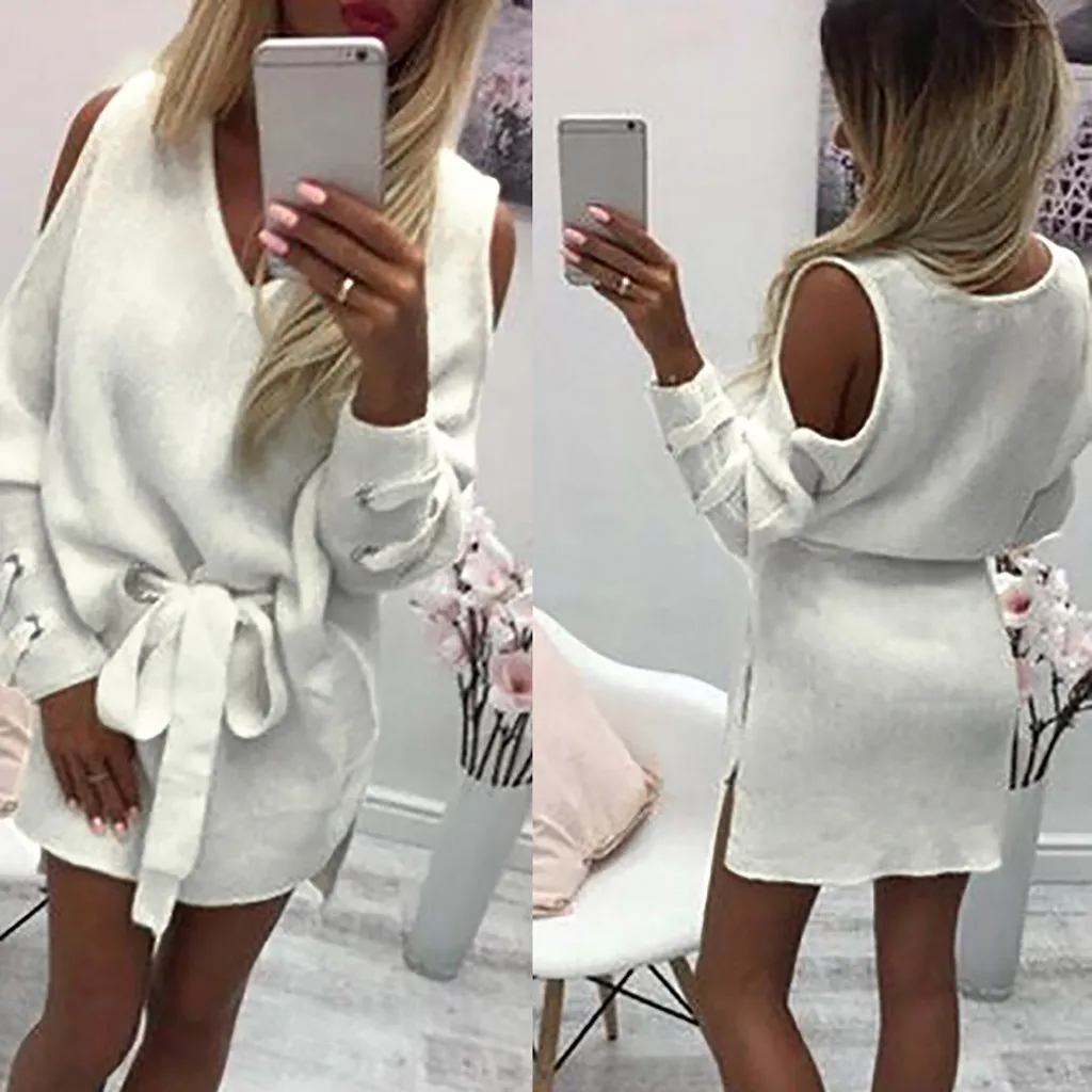 

2019 Fashion Strapless Long Sleeve Sweater Women Solid Knit Hollow V Neck Sweater Pullover Blouse Tops Pull Femme Winter Clothes