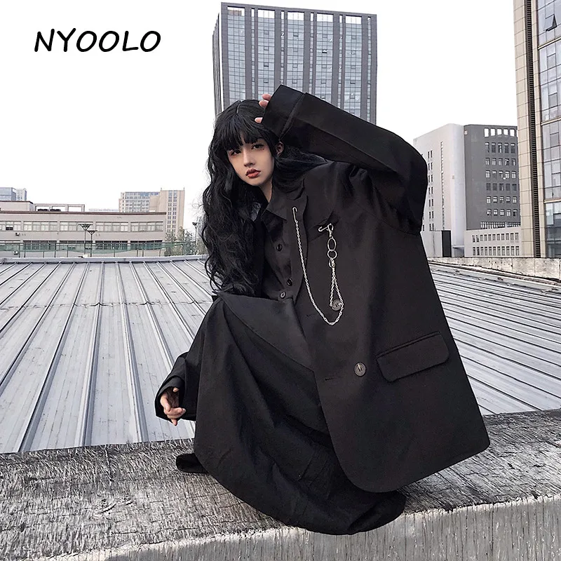 NYOOLO High street с карманами цепочкой отложным воротником черный блейзер Повседневный