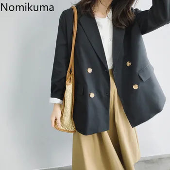

Nomikuma Korean Double Breasted Women Blazer Full Sleeve Loose Femme Suit Coat Spring Drawstring OL Jackets Blazers 2020 3Z325