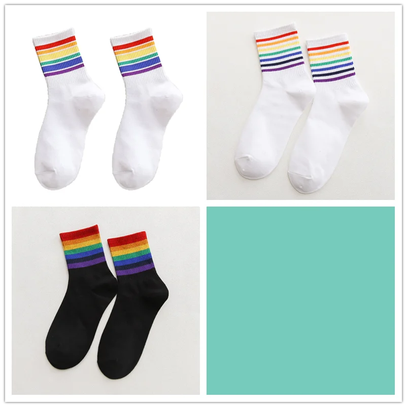 3 pairs 3 пар/упак. унисекс полосатые средние женские носки цветные забавные зимние носки женские 100 Хлопок Kawaii Радужный цвет размер 35-42 - Цвет: 3 pairs