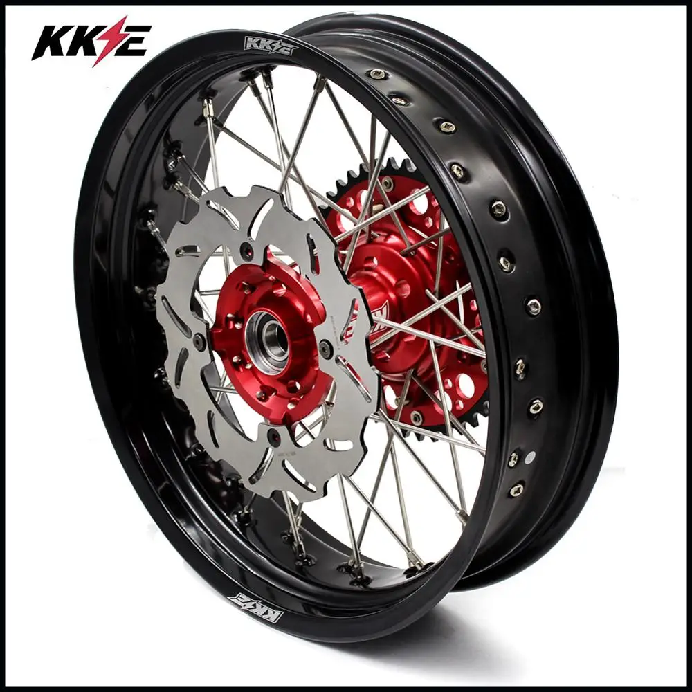 KKE 3.5/4.25 Supermoto Motard Wheels Set For HONDA XR650R 2000-2008 Silver Discs Red Hub Red Sprocket