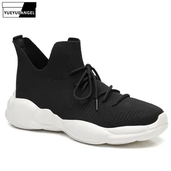 

High Top Breathable Summer Mens Net Surface Casual Sports Shoes Korean Fashion New Lace Up Round Toe Flyknit Deportivas Hombre