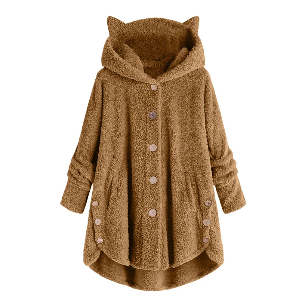 Женское зимнее плюшевое пальто из флиса с кошачьими ушками Kawaii, теплая толстовка с капюшоном, топ размера плюс, Женский Длинный пуловер с капюшоном на кнопках, Chaquetas# EQ - Цвет: Хаки