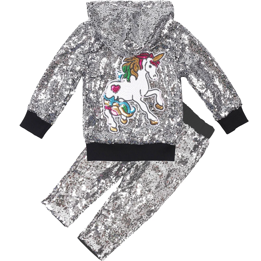 Baby Boys Girls Sequin Unicorn Jacket Hooded Suits with Pants Autumn Winter New Fashion Christmas Clothes for Toddler - Цвет: SIlver