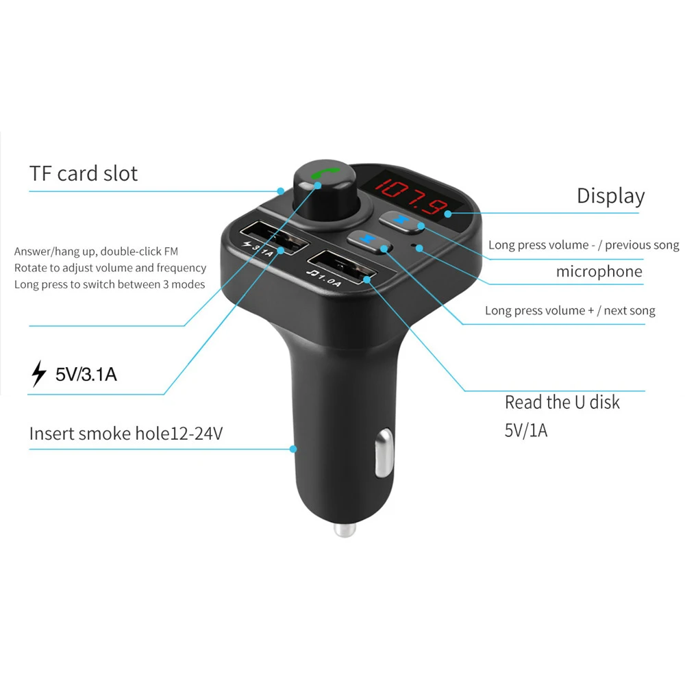 Автомобильный MP3-плеер, Bluetooth, аудио, двойной USB, автомобильная зарядка, быстрая зарядка, беспроводная гарнитура, вызов, автомобильный музыкальный адаптер, fm-модулятор 805E