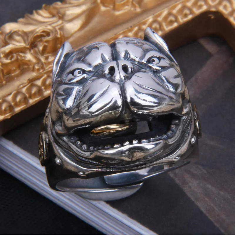 

Real s925 sterling silver dog prosperous ring male retro Thai silver zodiac dog ring tongue can swin