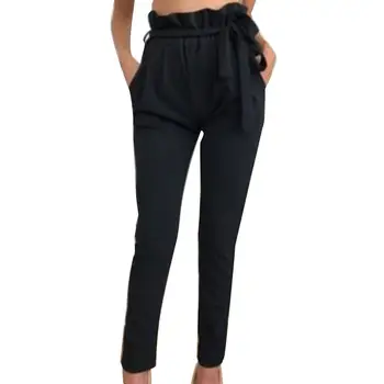 

Fashion Women Pants Solid Color Ruffle High Waist Belt Pocket Skinny Pencil Pants Trousers Black