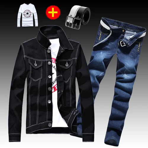 Весенне-осенняя мужская джинсовая куртка, рваный жакет с дырками, джинсовые пальто, прямые брюки, брюки-карандаш, комплект из 2 предметов, карманы, приталенный крой для мужчин E - Цвет: 13