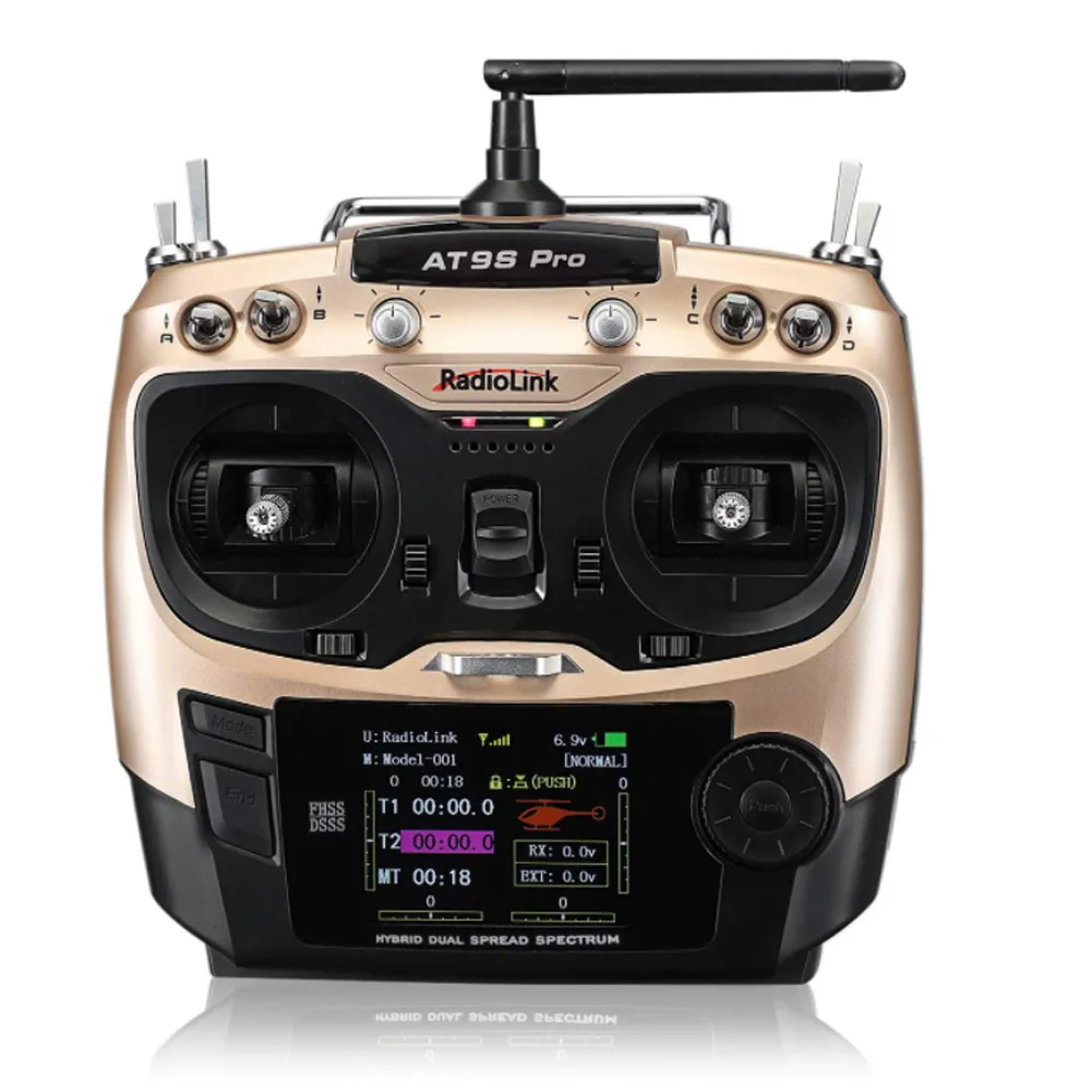 Détail des poignées ergonomiques et des boutons de la radiocommande AT9S Pro 2.4GHz 12 canaux