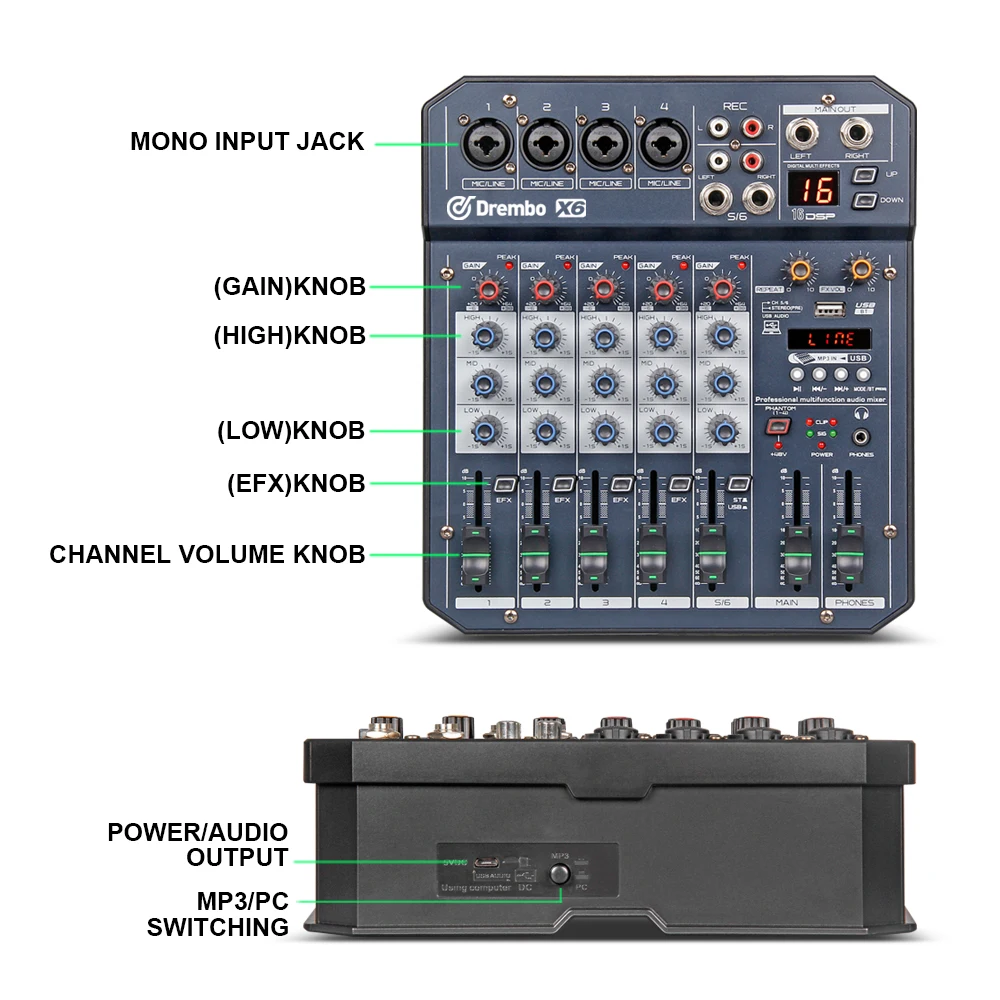 X4/6 DJ портативный мини консоль аудио микшер с DSP эффект звуковая карта, USB, 48 В фантомное питание для ПК записи пение веб-Каст