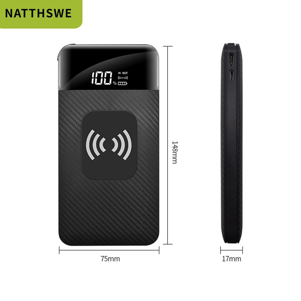 NATTHSWE 30000 мАч большой емкости мобильный внешний аккумулятор ультра-тонкий цифровой дисплей Беспроводная зарядка с микро USB кабелем