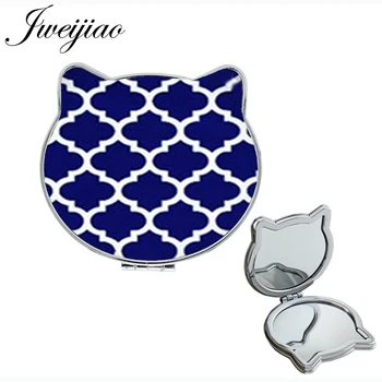 

JWEIJIAO Dark blue pattern Cat Ear Shaped Sides Magnifier Purse Mirror flower texture ART Portable Double mirror for girl N621