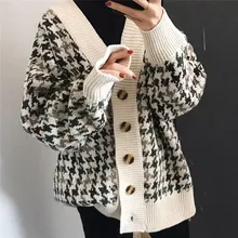 Женский винтажный вязаный кардиган в клетку с v-образным вырезом, толстый свитер в Корейском стиле, свободная куртка, верхняя одежда, осенне-зимнее пальто, топы Q9068