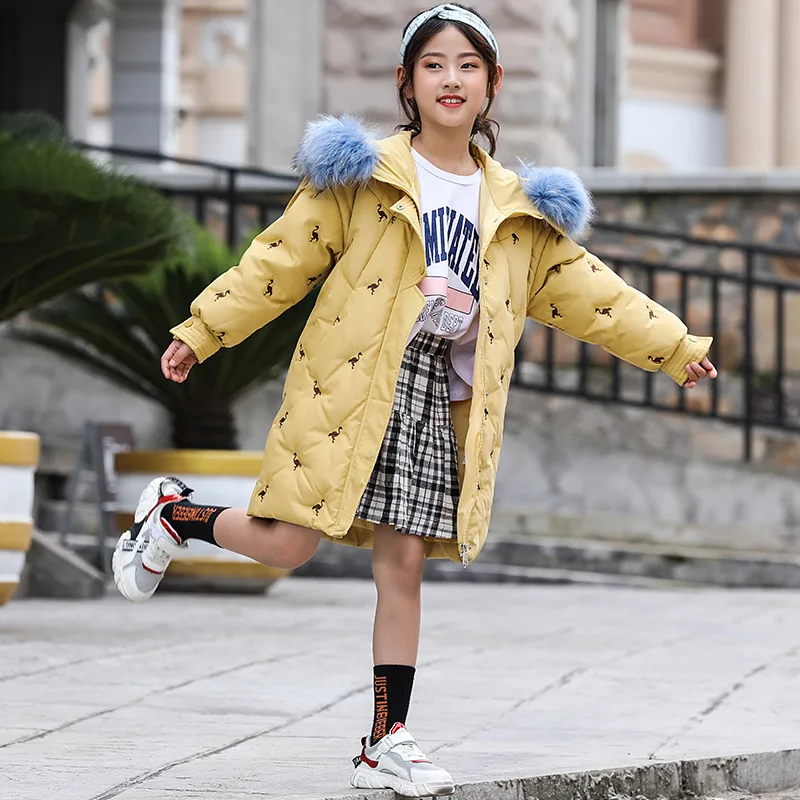 Winter Children's Down Jacket Girls The Long Section Girls Children's Wear Jacket Big Children Thick Large Fur Collar 14